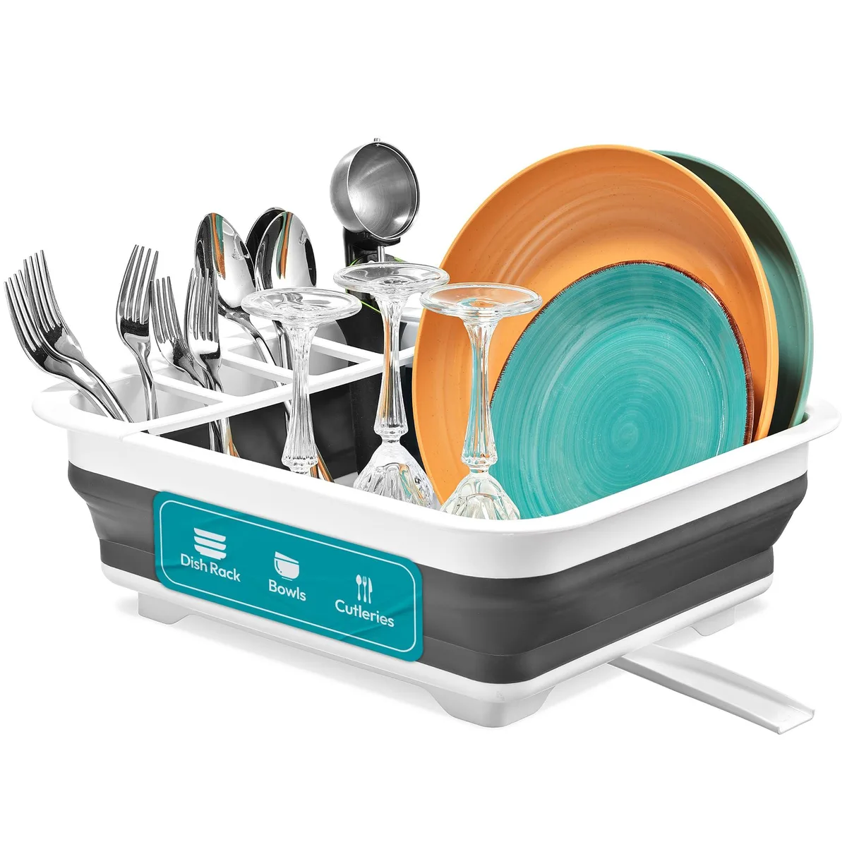 White plastic pop-up dish rack with utensil sections, collapsed flat