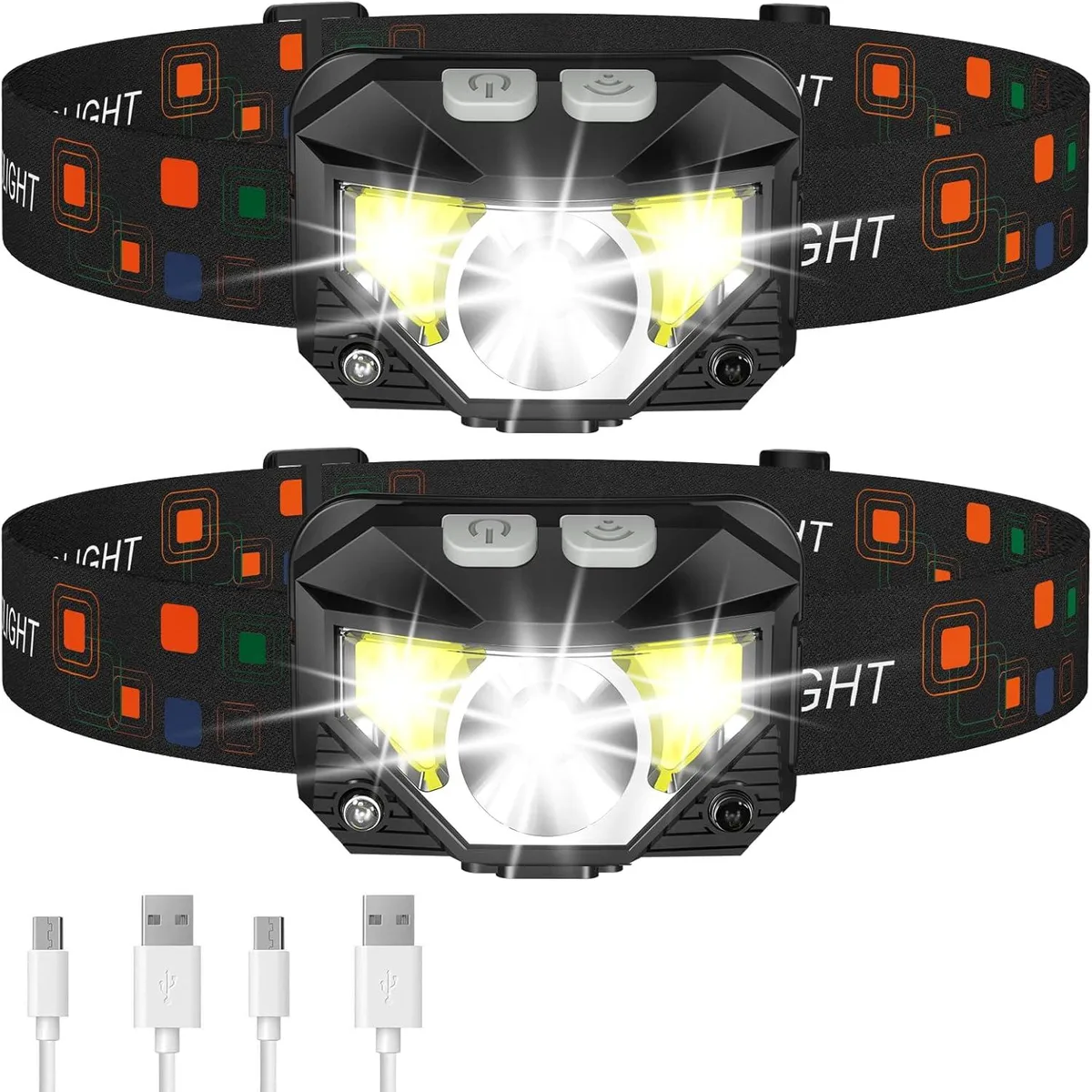 Two compact black headlamps with adjustable elastic straps and 60° tilt lamp heads