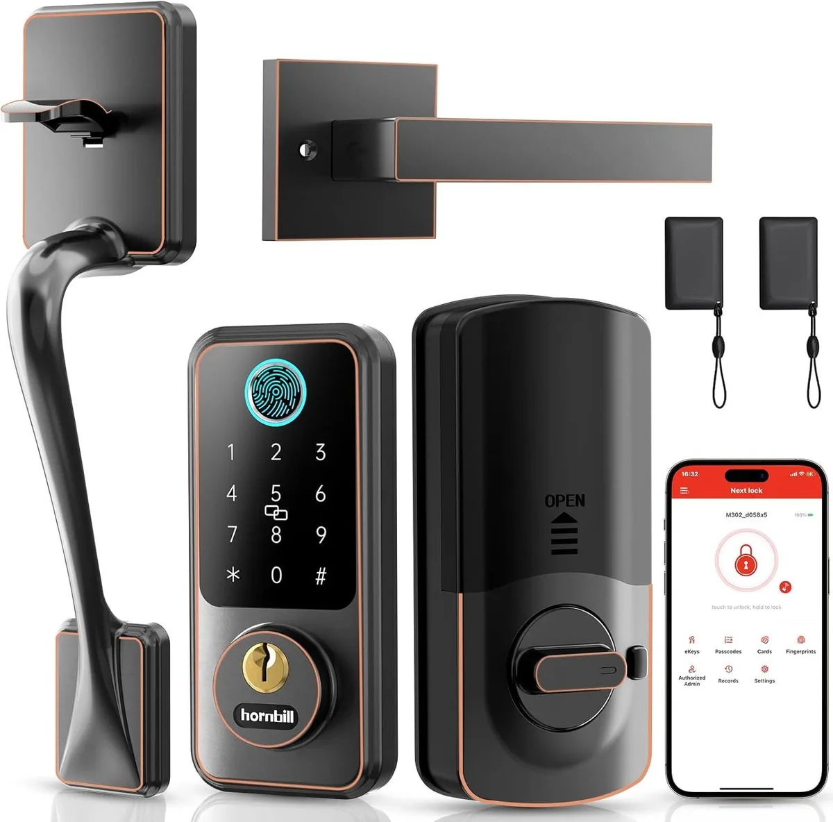 Oil-rubbed bronze smart deadbolt with keypad and lever handle