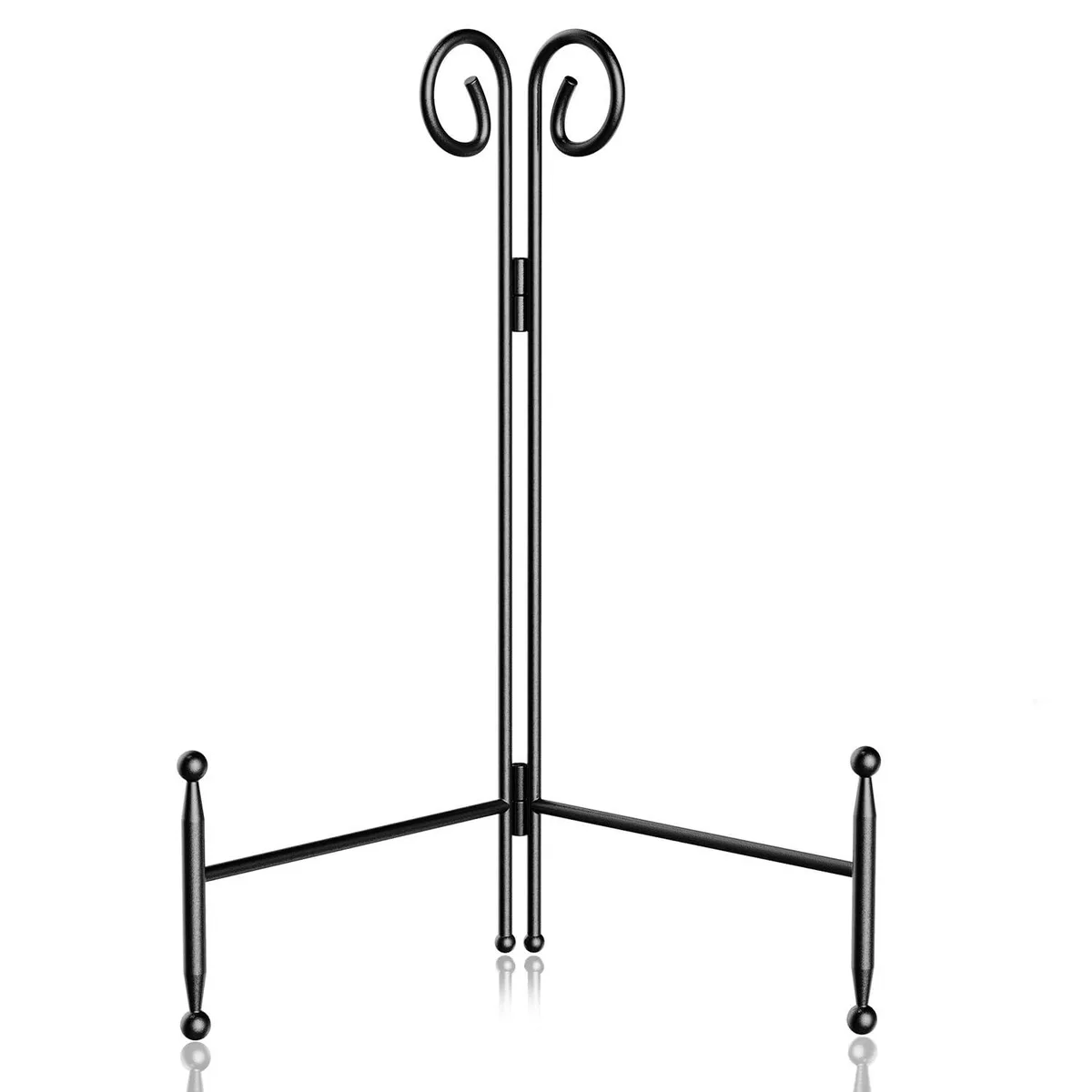 Black iron collapsible plate stand with curved vintage scrolling legs and anti-slip ball feet