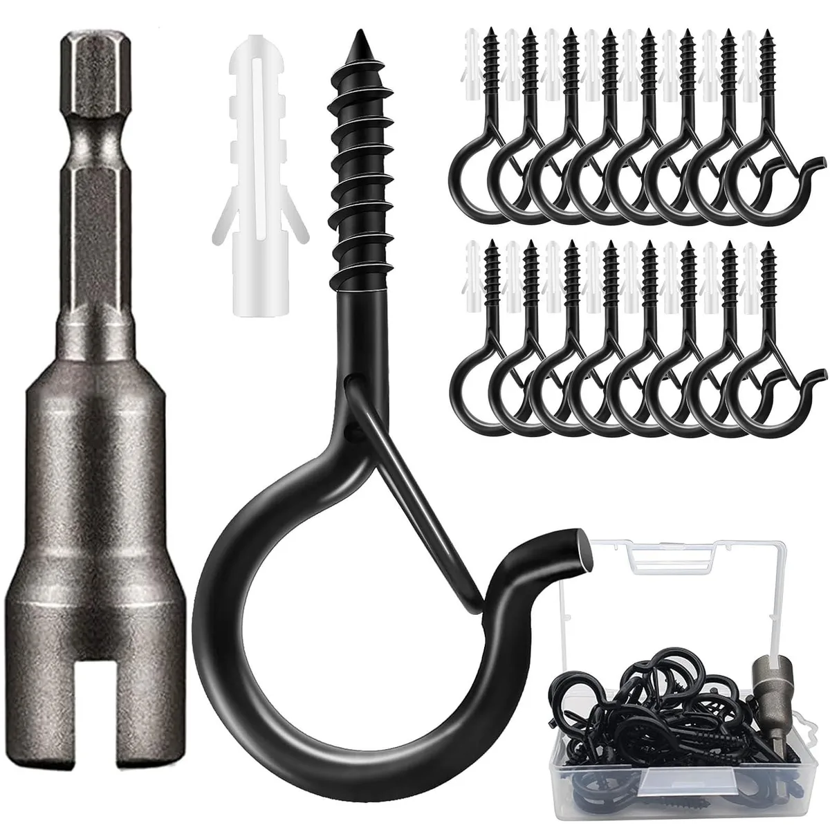 A pack of twenty-two black 2.2 inch steel screw hooks with safety latches and one wing nut driver