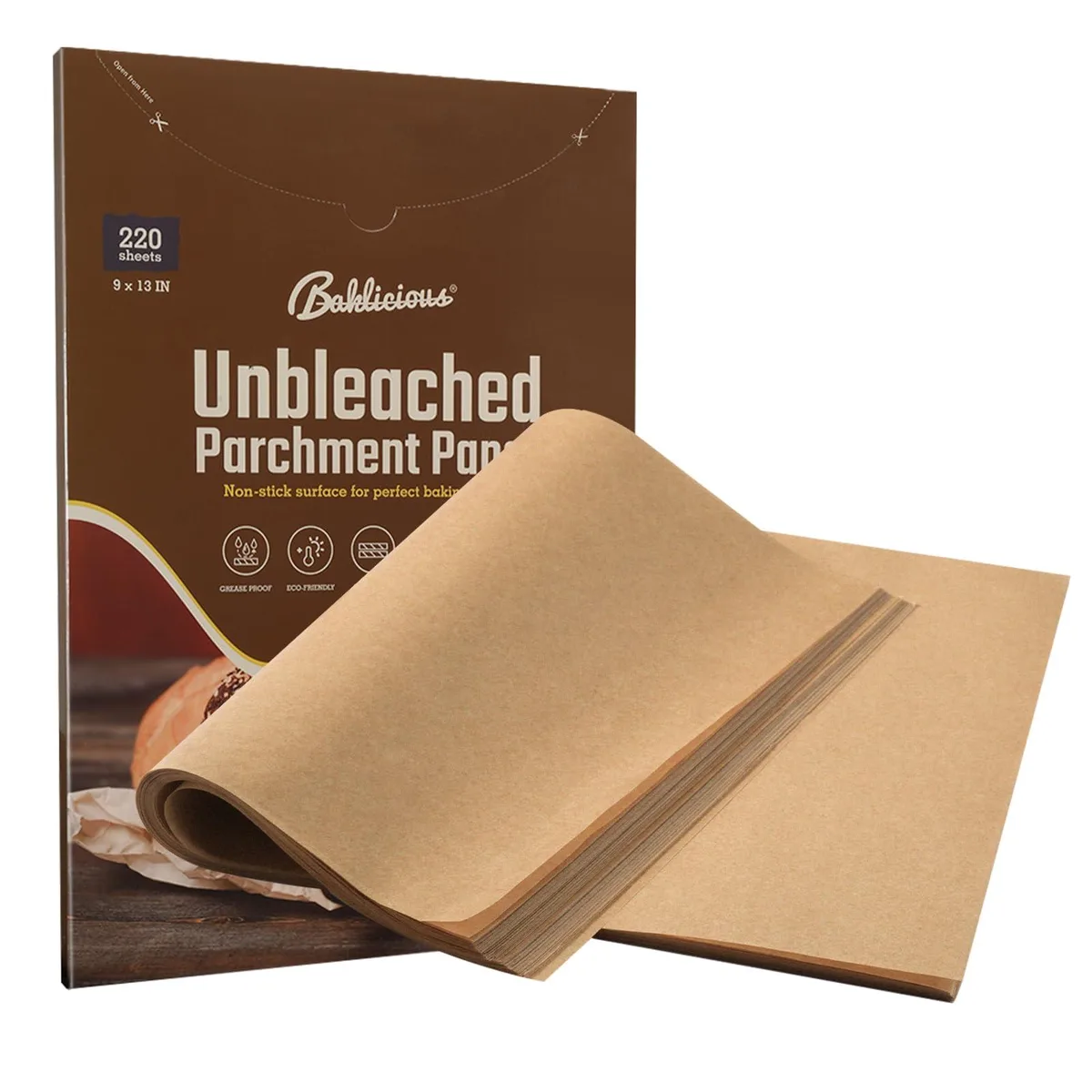 Stack of 220 unbleached parchment sheets, 9 by 13 inches, natural wood-pulp colour