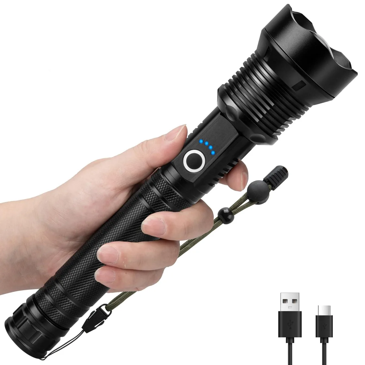 Grey aluminium handheld flashlight with adjustable head and COB side panel