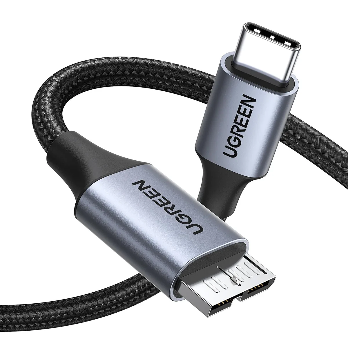Grey braided USB-C to Micro-B cable, 10 ft, aluminium connectors