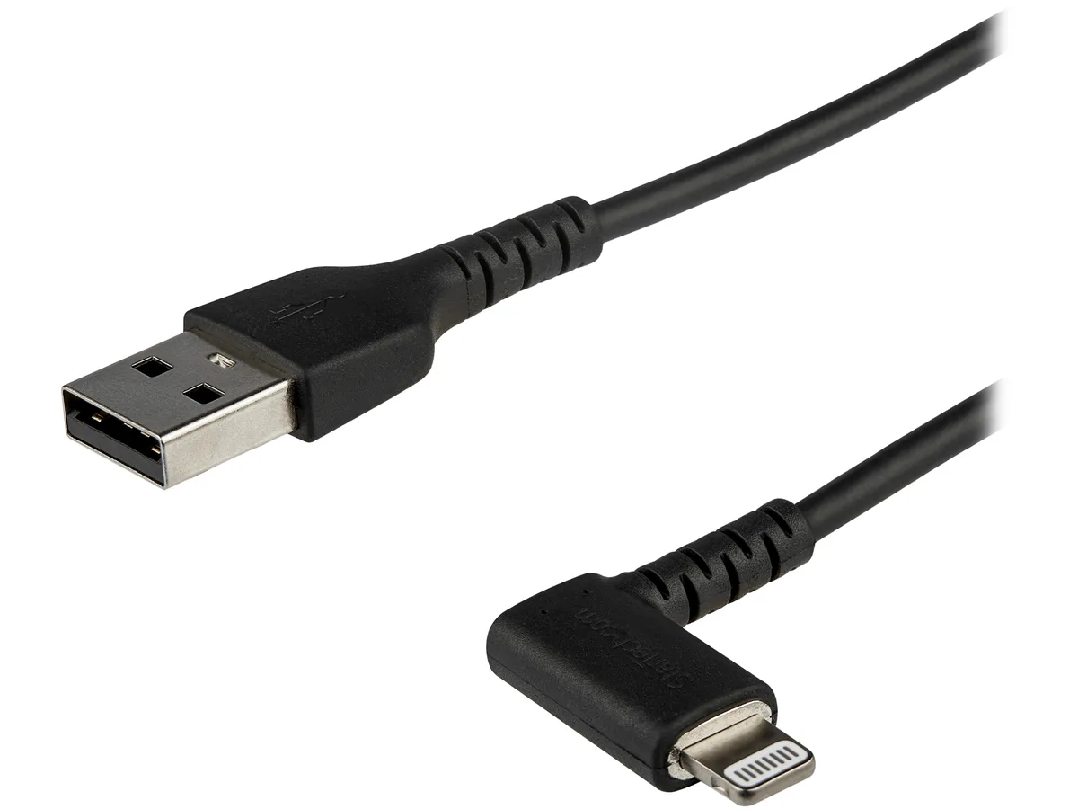 Black 3.3 ft angled Lightning to USB-A cable with reinforced strain relief