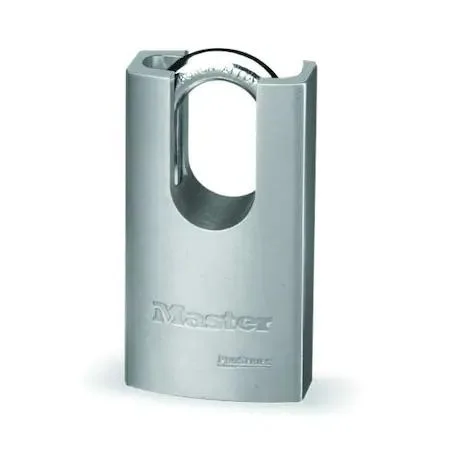 Silver rectangular steel padlock with partially hidden shackle