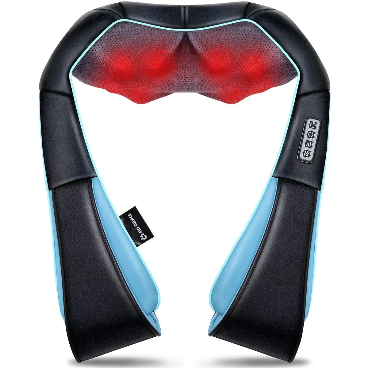 Blue U-shaped massage belt with mesh and leather panels, corded controller attached