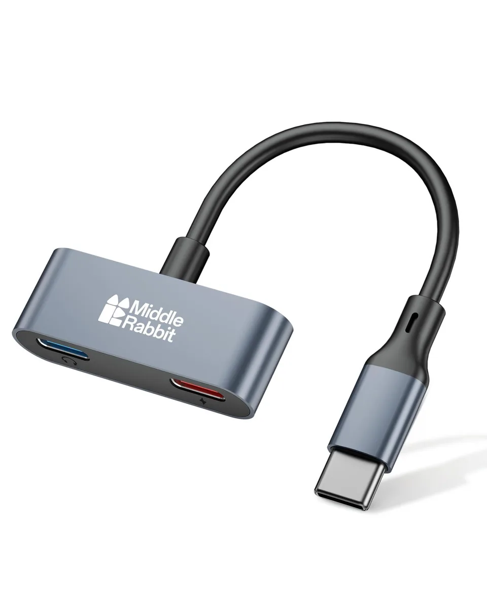 Compact USB-C splitter with two female ports, matte finish, 0.8 by 9.5 by 16.8 cm
