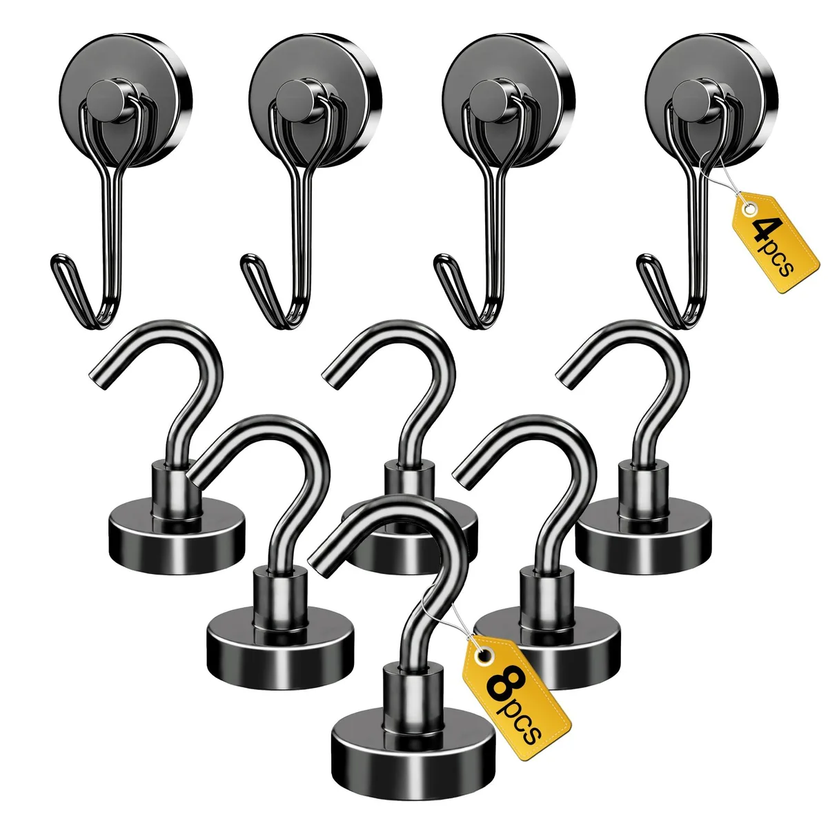 Black magnetic hooks, twelve pieces, four swivel and eight fixed