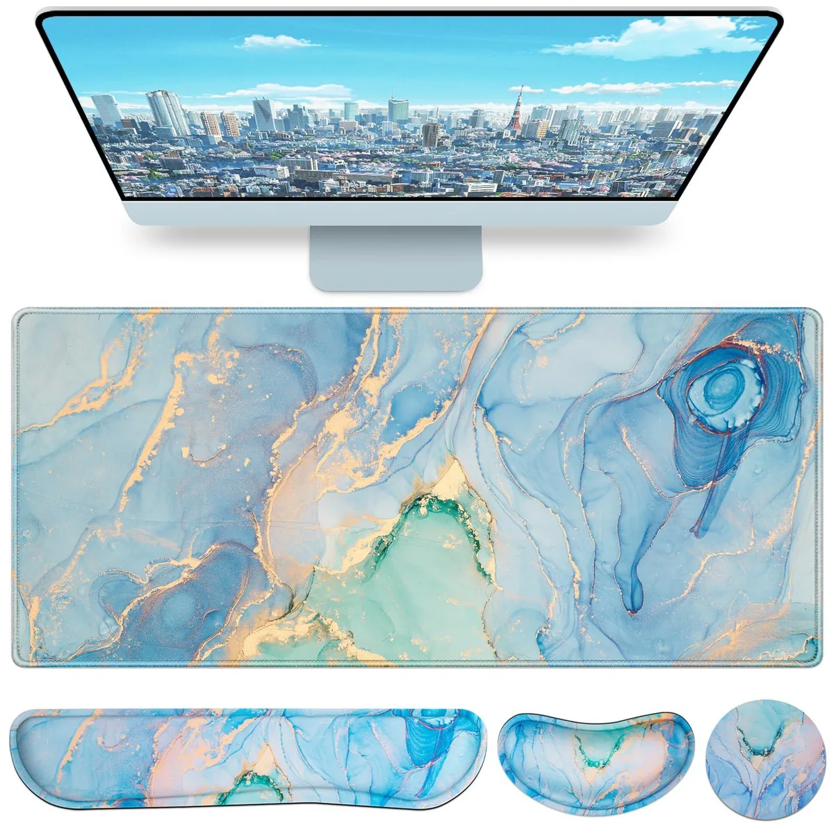  QOMOLAMA 4-in-1 Desk Mat Blue Large 35.4x15.7in mouse pad — product photo