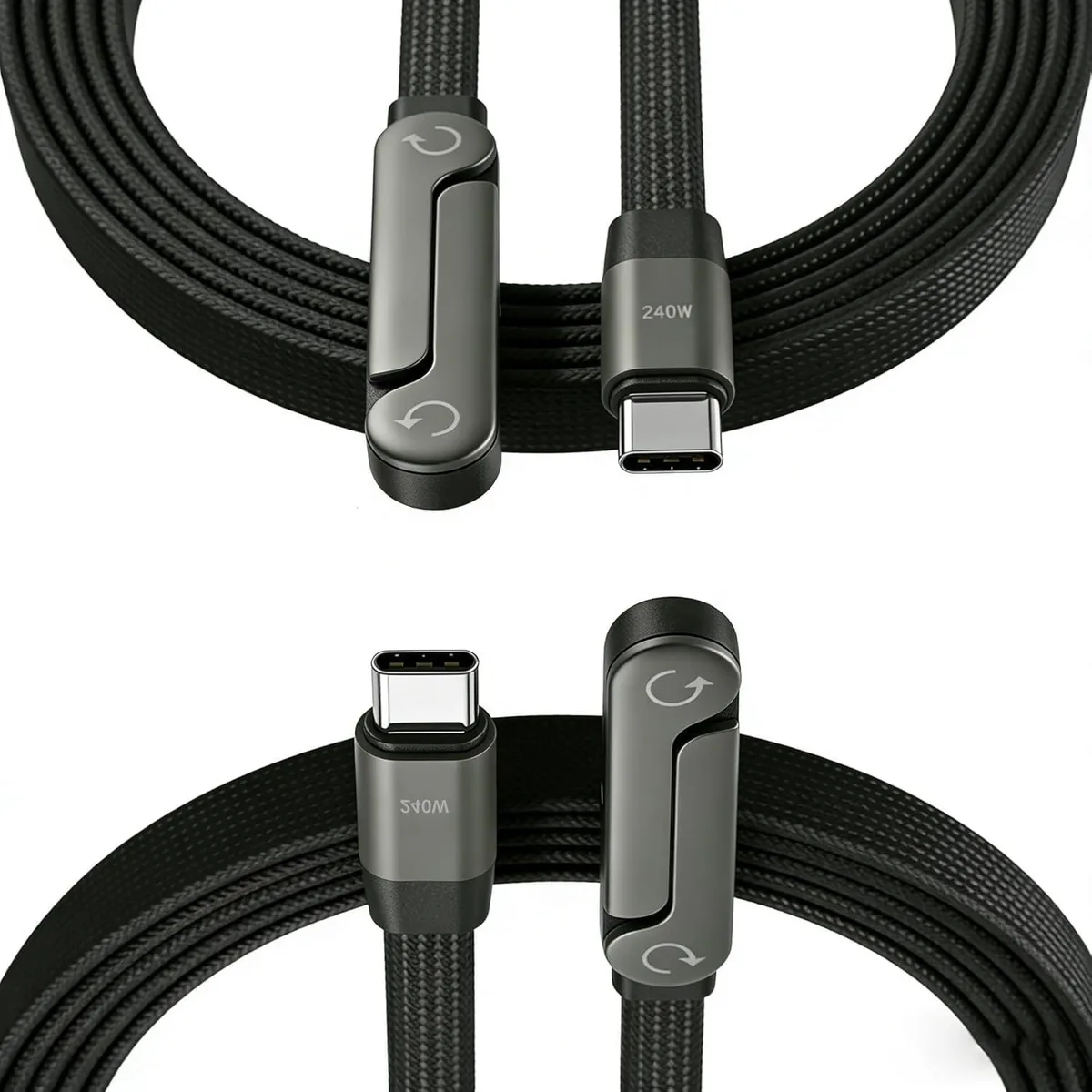 Two orange flat USB-C cables with 90-degree connectors and hidden fold-out stands