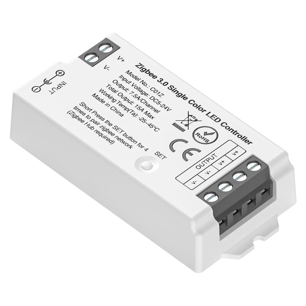 Small white rectangular controller with screw terminals and a 5.5mm DC jack