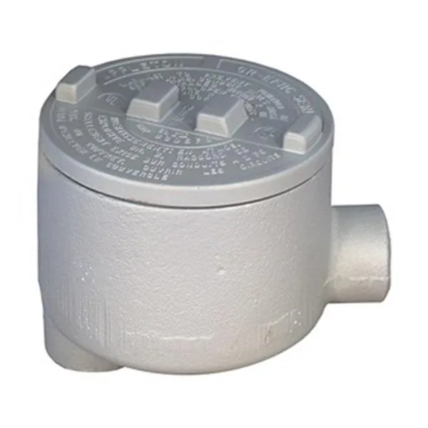 Iron conduit outlet body, trade size 1 1/4 in, round back, indoor outdoor use