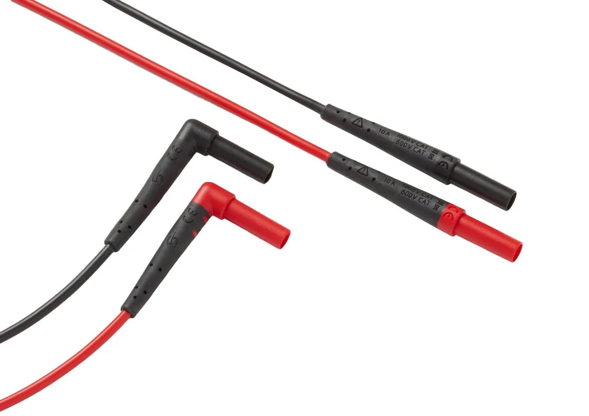 Red and black silicone test leads with right-angle and straight shrouded banana plugs, rubber over-moulded grips