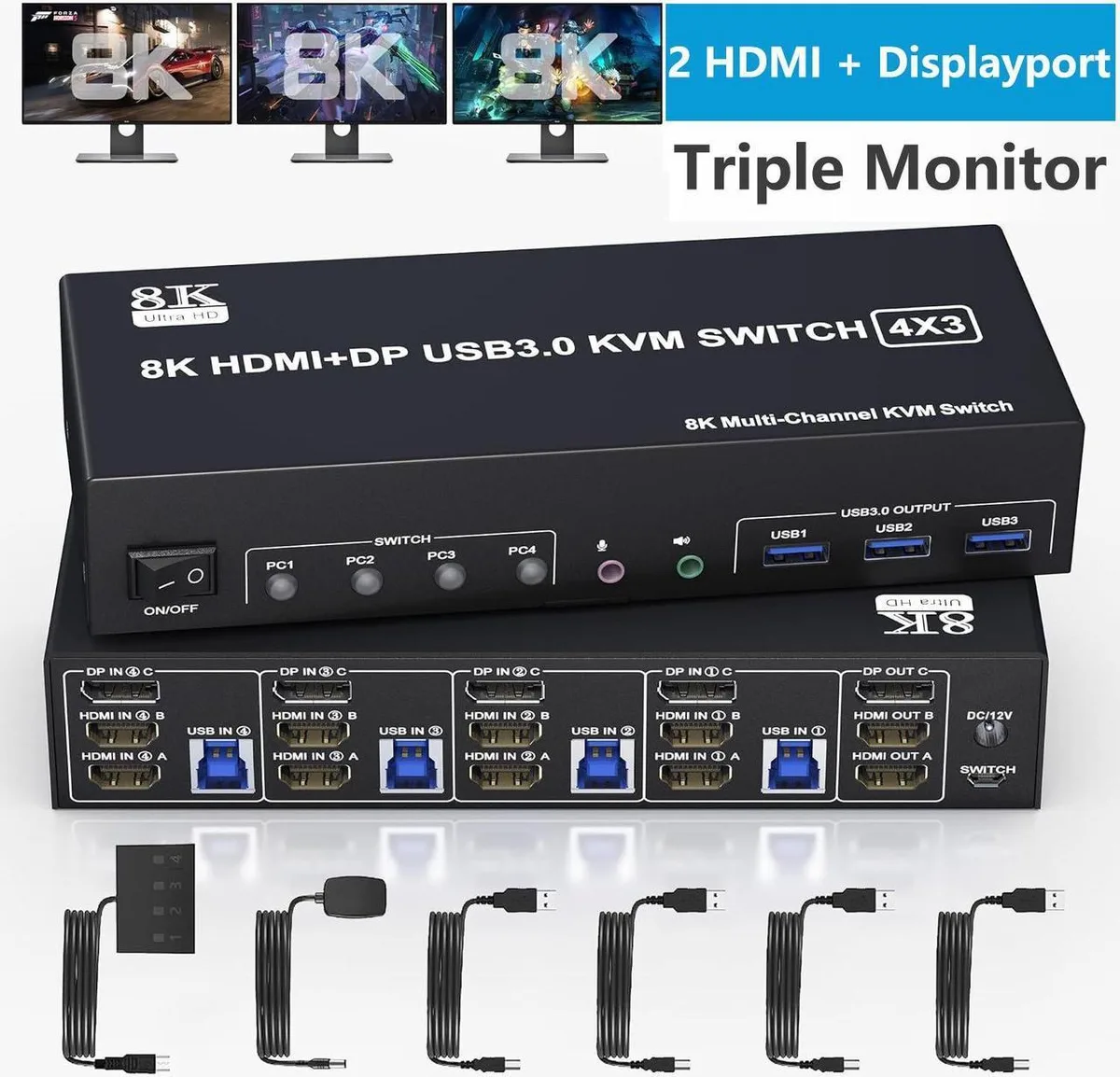 Vszerda Vszerda KVM Switch 3 Monitors 4 Computers 8K@60Hz 4K@144Hz 2 HDMI 1 DisplayPort 3 USB 3.0 Audio Microphone — product photo