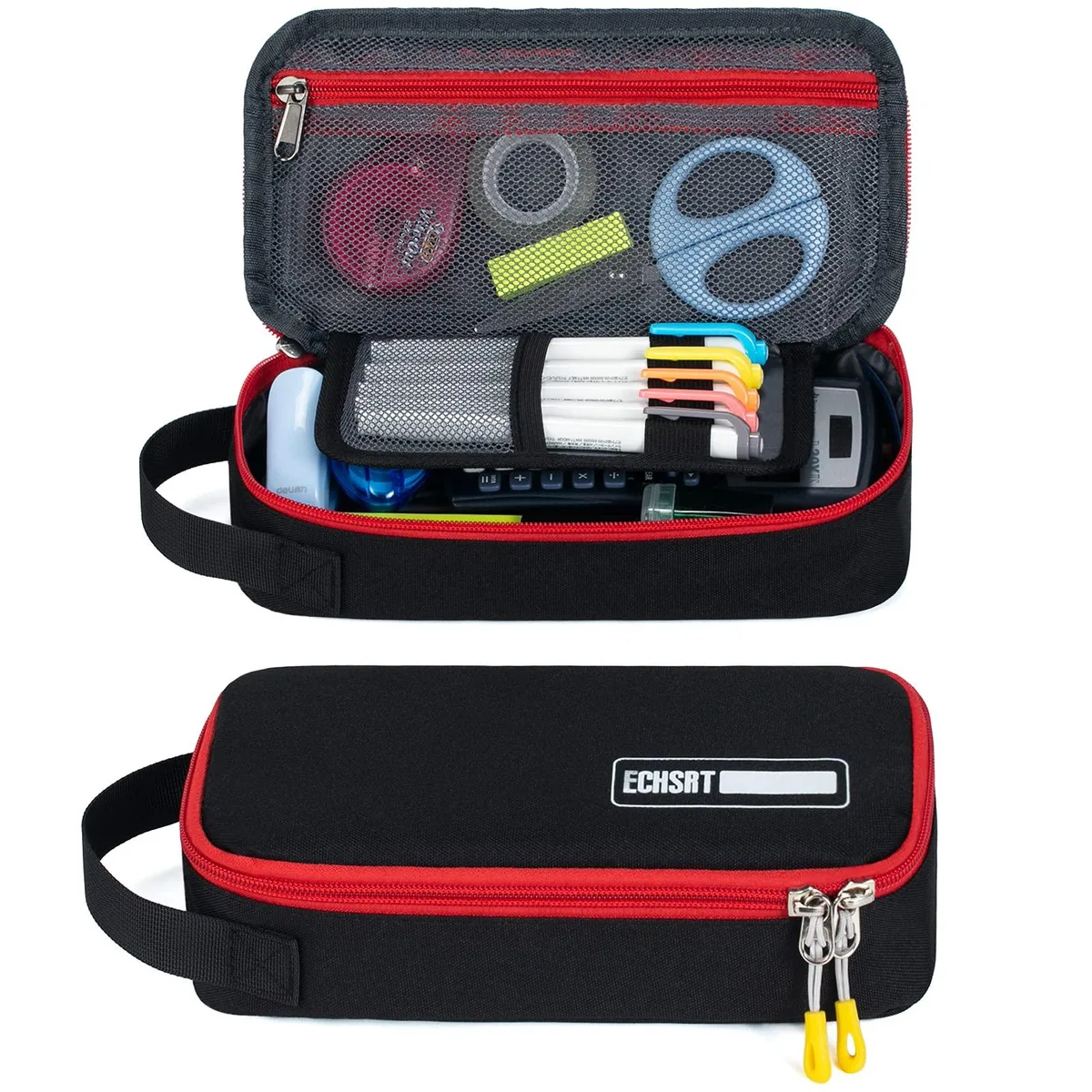 Black rectangular pencil case with handle and double zipper, 1000D Oxford fabric, 9.44 x 4.72 x 2.36 in
