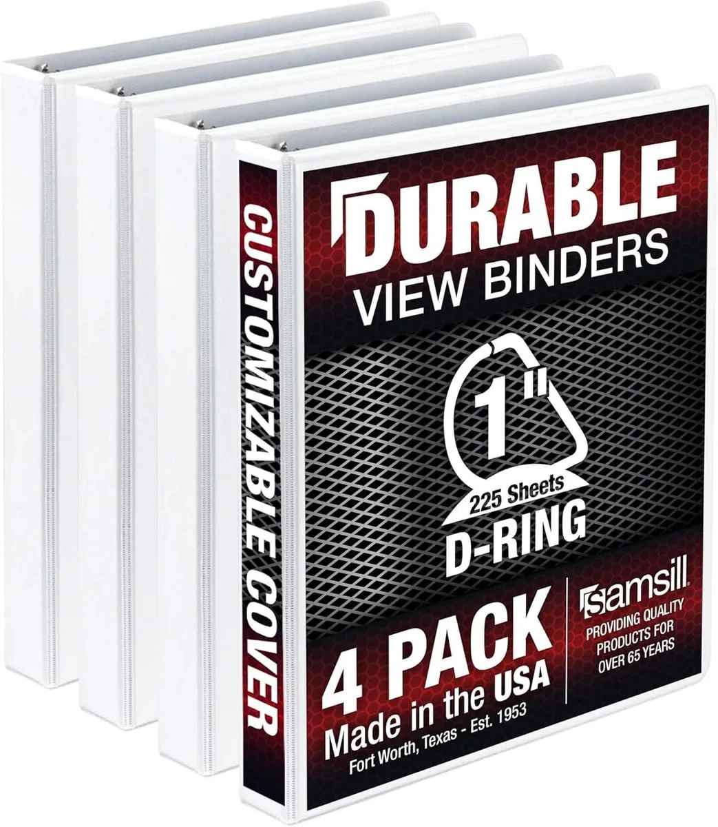 White 1-inch D-ring view binder with clear overlay