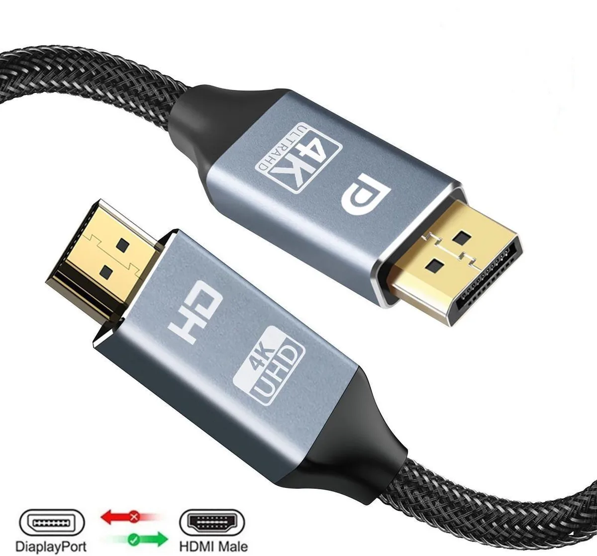 Vszerda Vszerda DisplayPort to HDMI cable 10 ft 4K 60Hz gold-plated aluminium shell nylon braided uni-directional — product photo