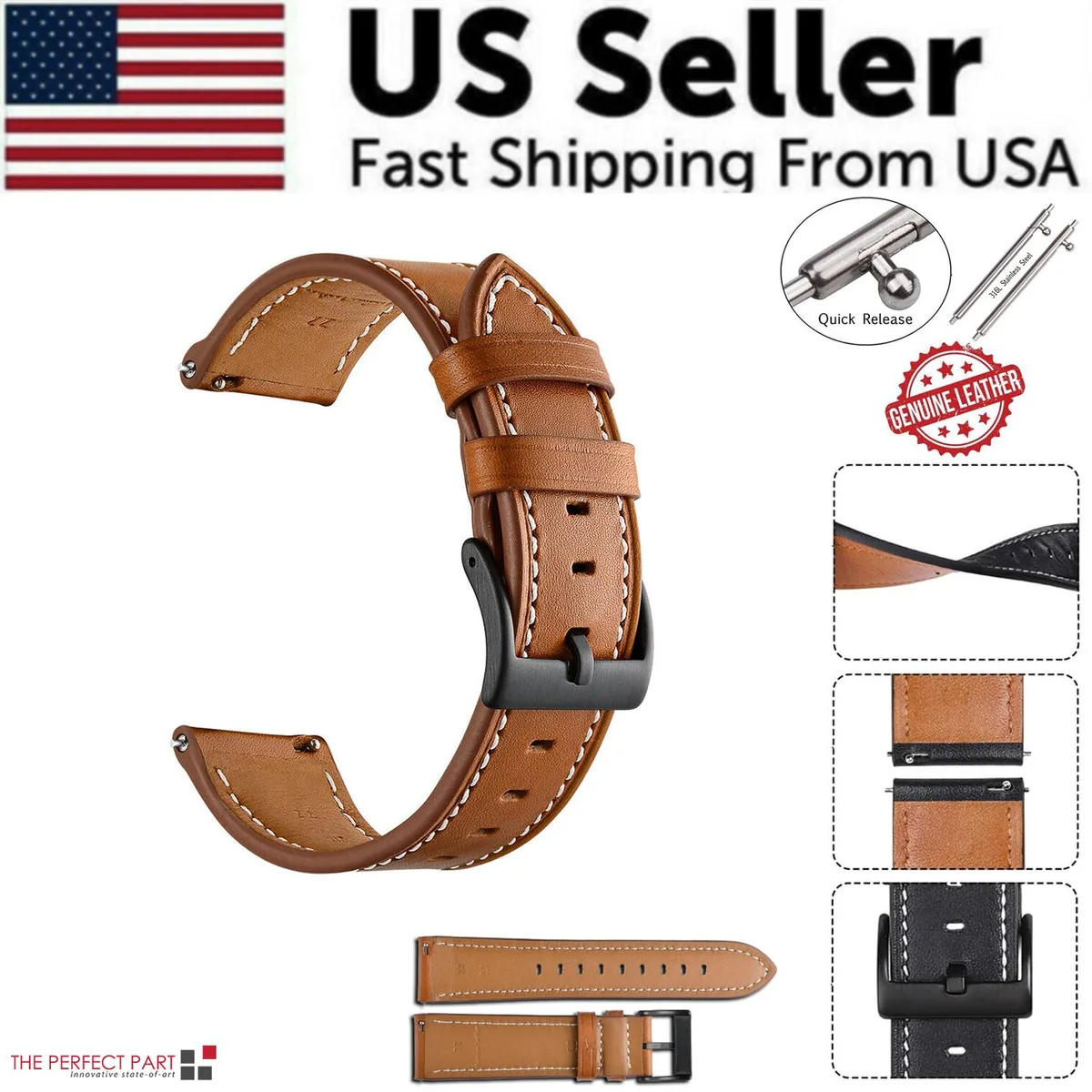 The Perfect Part The Perfect Part Classic Genuine Leather Watch Band 18mm 20mm 22mm Quick Release Brown — product photo