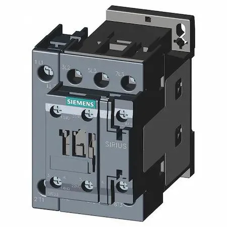 Compact grey IEC magnetic contactor with screw terminals and DIN rail mounting clips