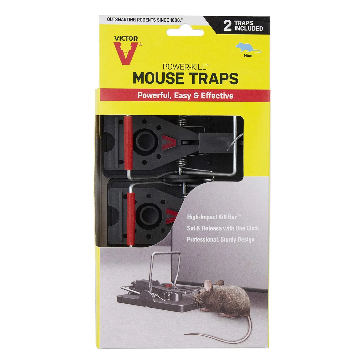 Two plastic mouse traps, spring-loaded kill bars, bait troughs, oversized trip pedals
