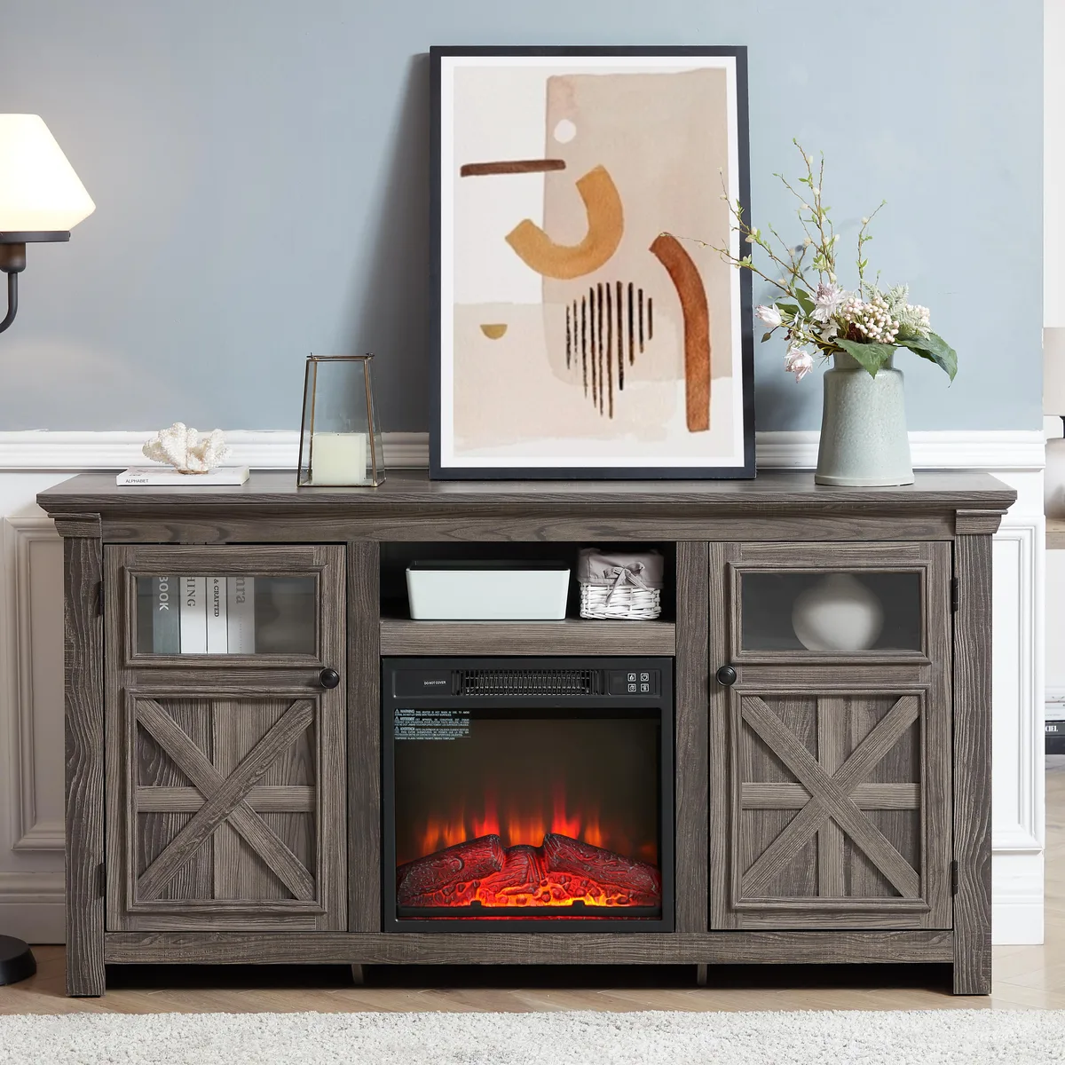 tuphen tuphen Farmhouse TV Stand with 18" Fireplace Insert Grey 60.23"W — product photo