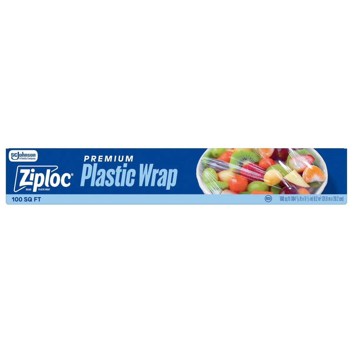 Clear plastic wrap roll in a rectangular dispensing box with built-in cutting edge