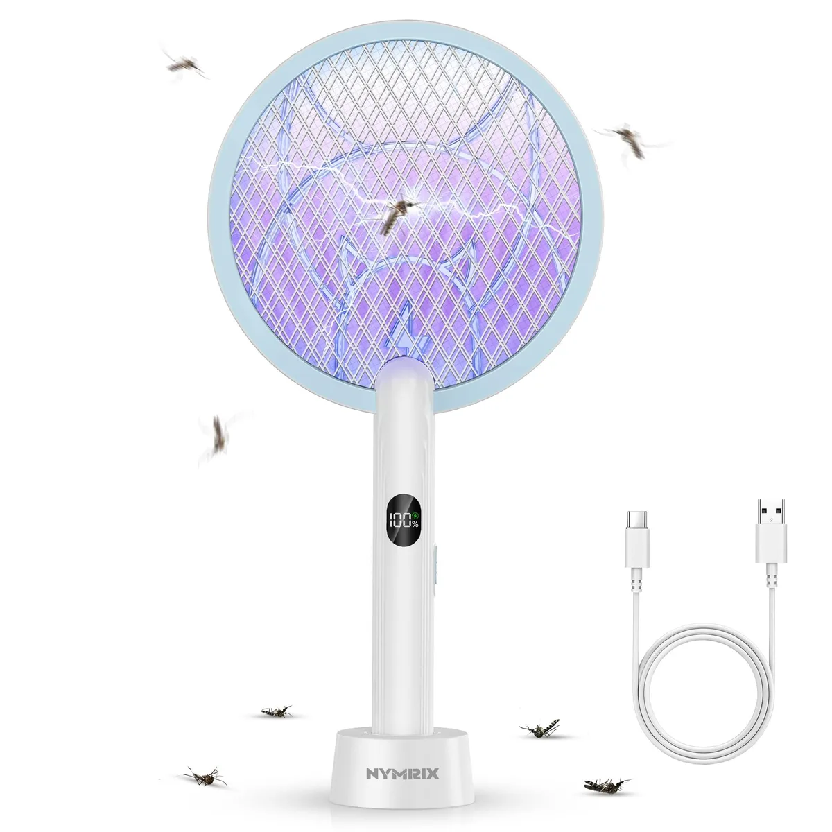 Blue electric fly swatter racket with purple light on charging base