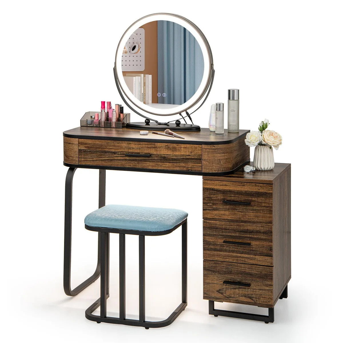 Brown vanity table set with LED mirror, charging station, three-drawer chest and stool