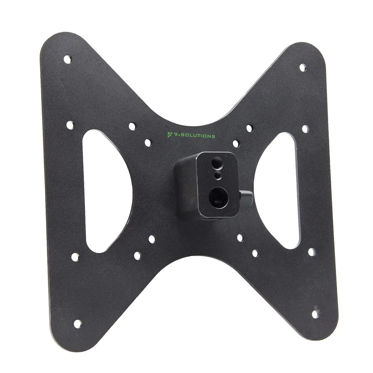 Black rectangular metal plate with four sets of mounting holes and a central 5/8 inch receptacle