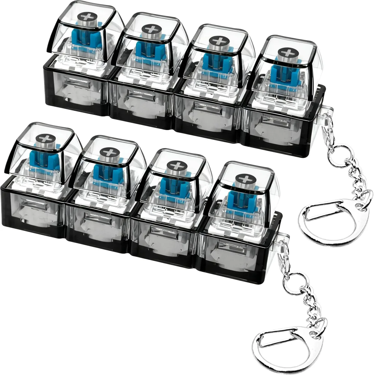 Two small plastic keyboard fidget keychains on metal rings, each about 1.1 by 2.91 inches