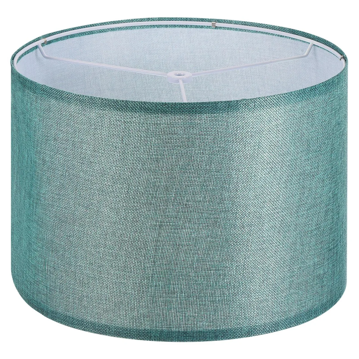 Blue linen cylindrical drum shade 13 by 13 by 9 inches with matte gun metal frame