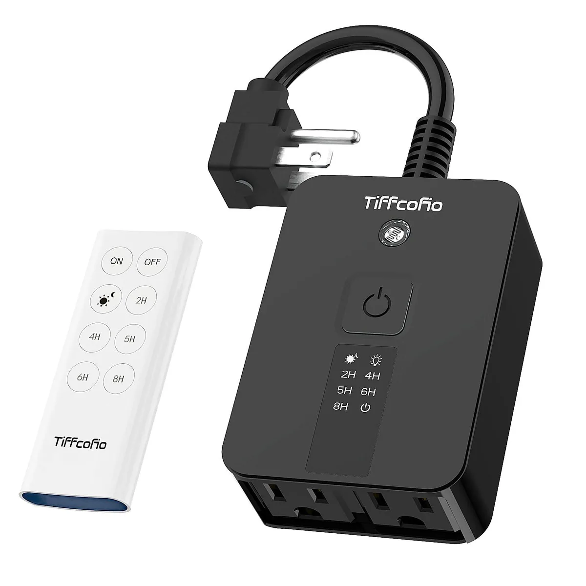 White rectangular outdoor timer switch with two grounded outlets and a remote control antenna