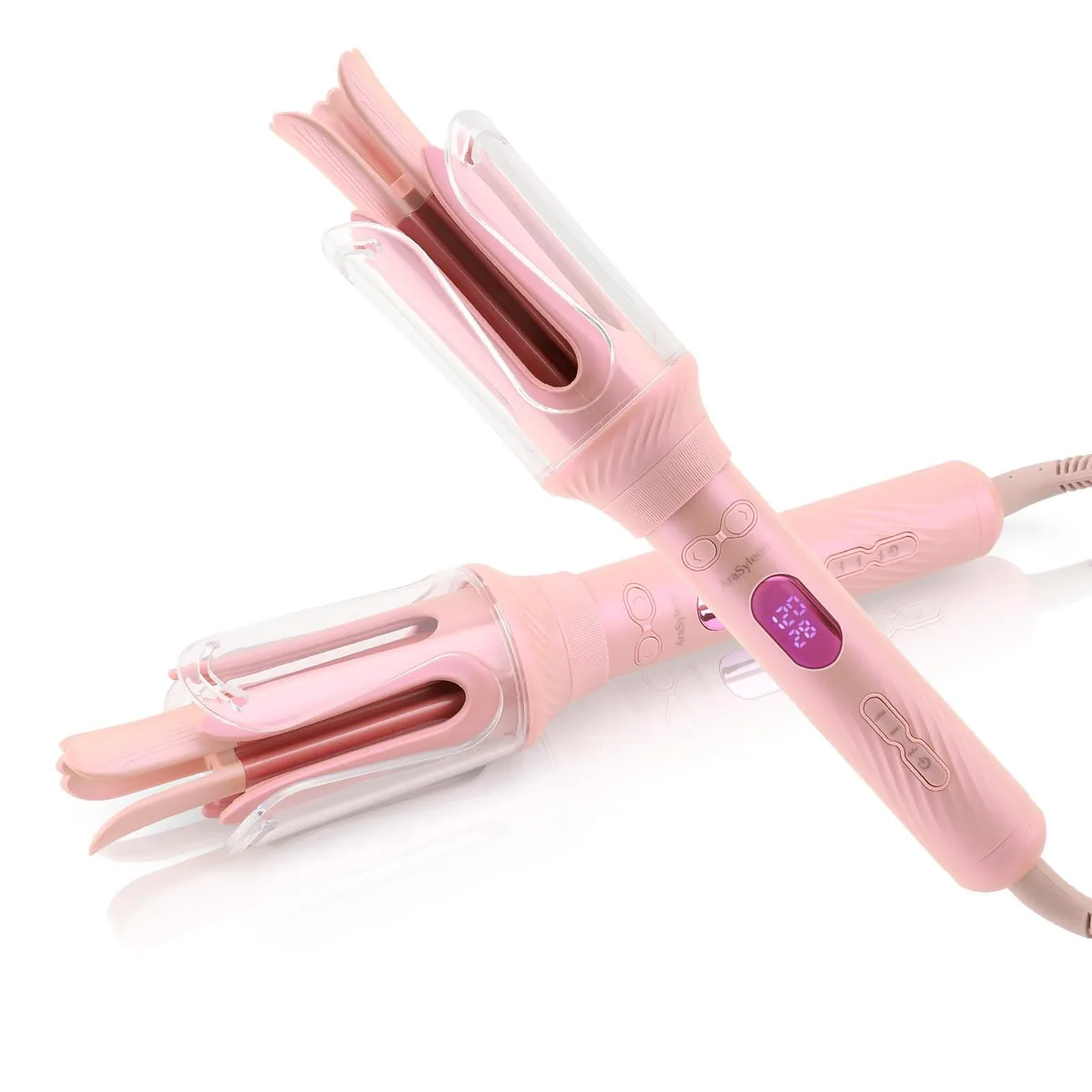 Sakura pink automatic curling iron with cylindrical barrel and digital controls