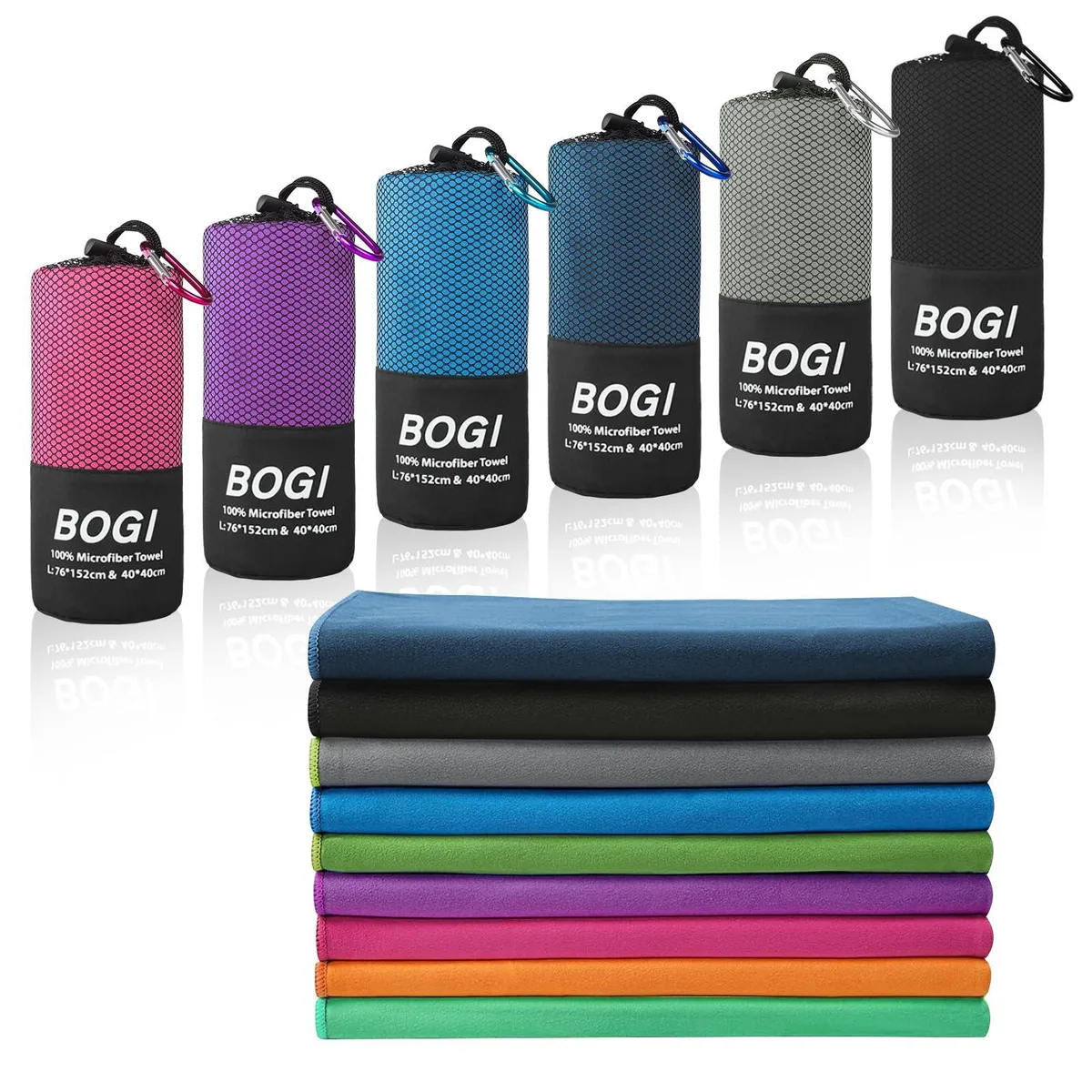 Black microfiber travel towel, rectangular, smooth matte finish, folded with carabiner loop