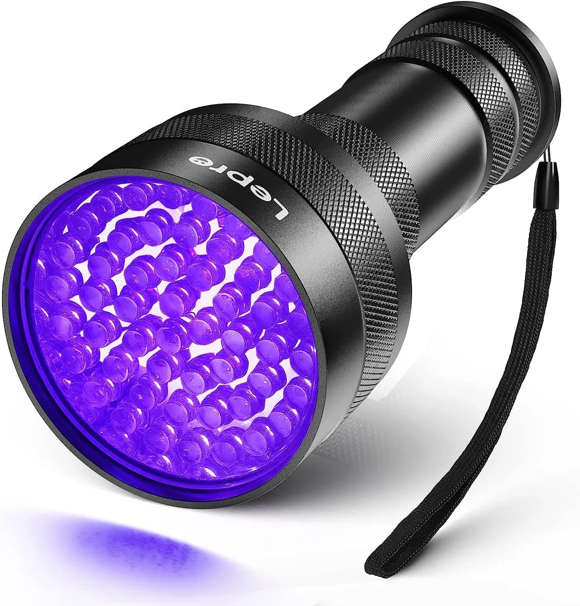 Black cylindrical UV flashlight, 51 LEDs, textured aluminium body, non-slip grip