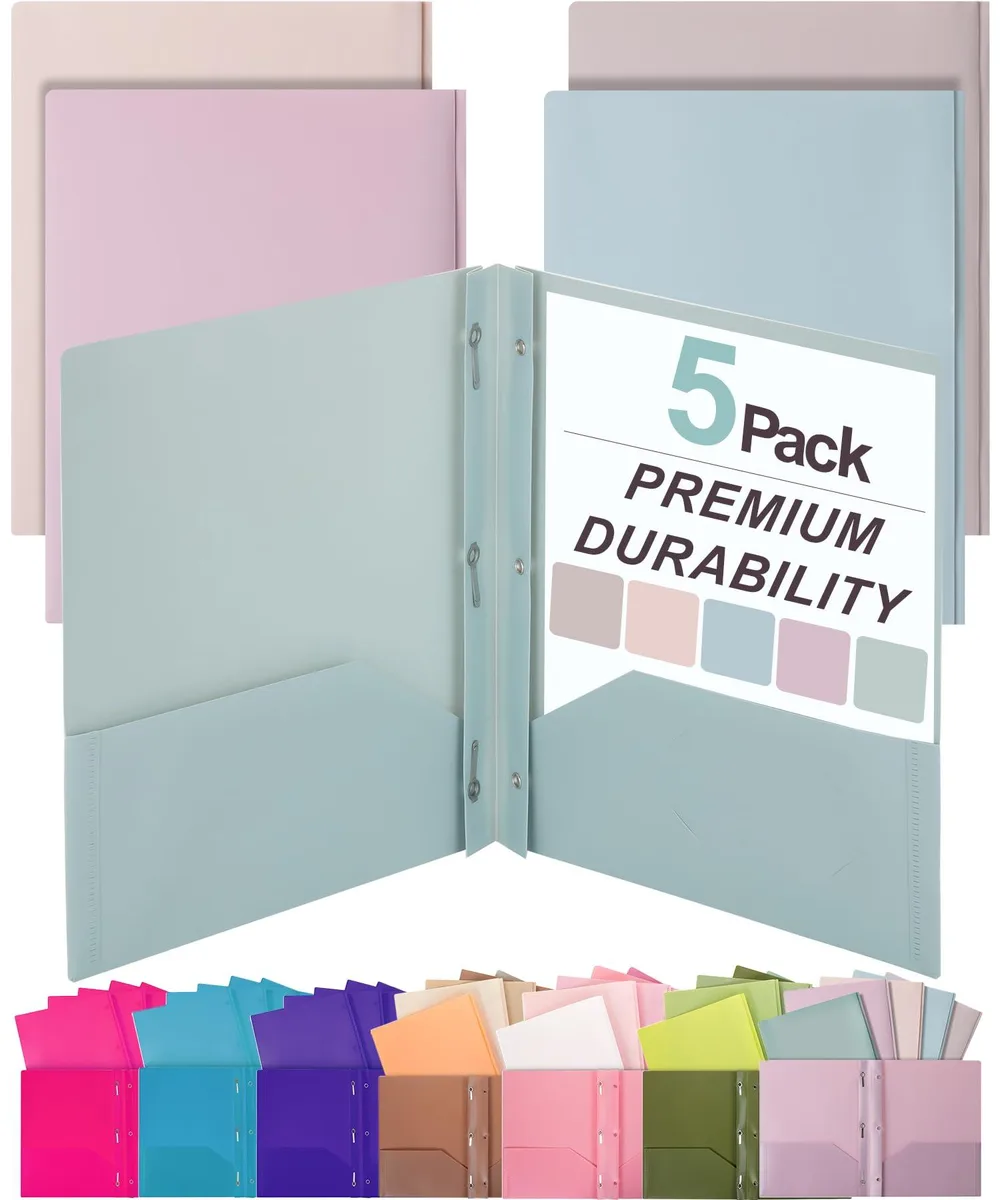 Five pastel plastic two-pocket folders with prong fasteners