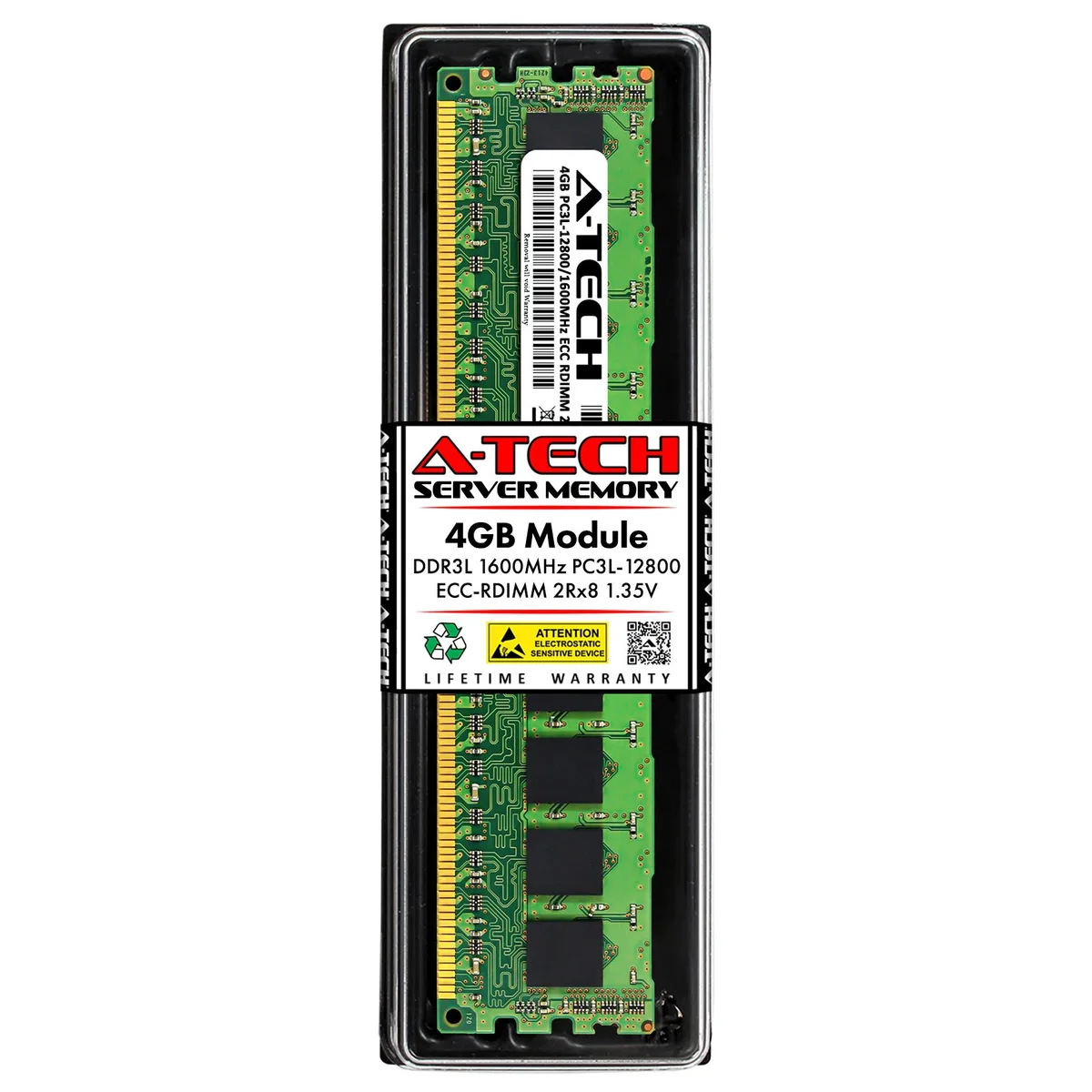 Green 240-pin DDR3L server DIMM with black chips and gold contacts
