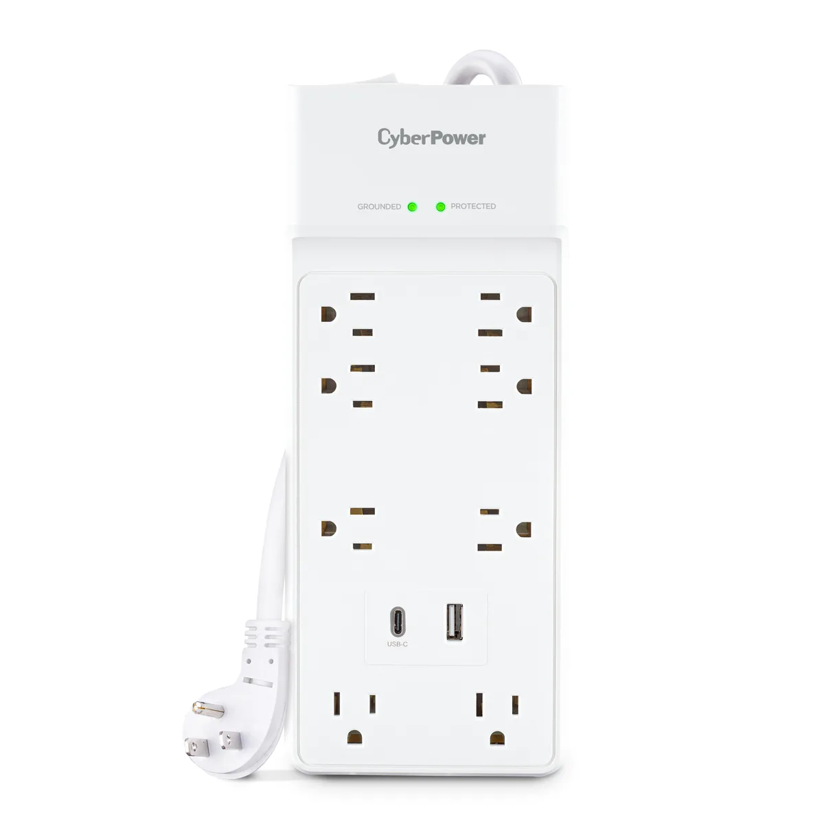 CyberPower CyberPower CSP806UC18W 8-outlet surge protector 2400 J 800 V clamp 6 ft cord 15 A 2 USB 45° offset — product photo