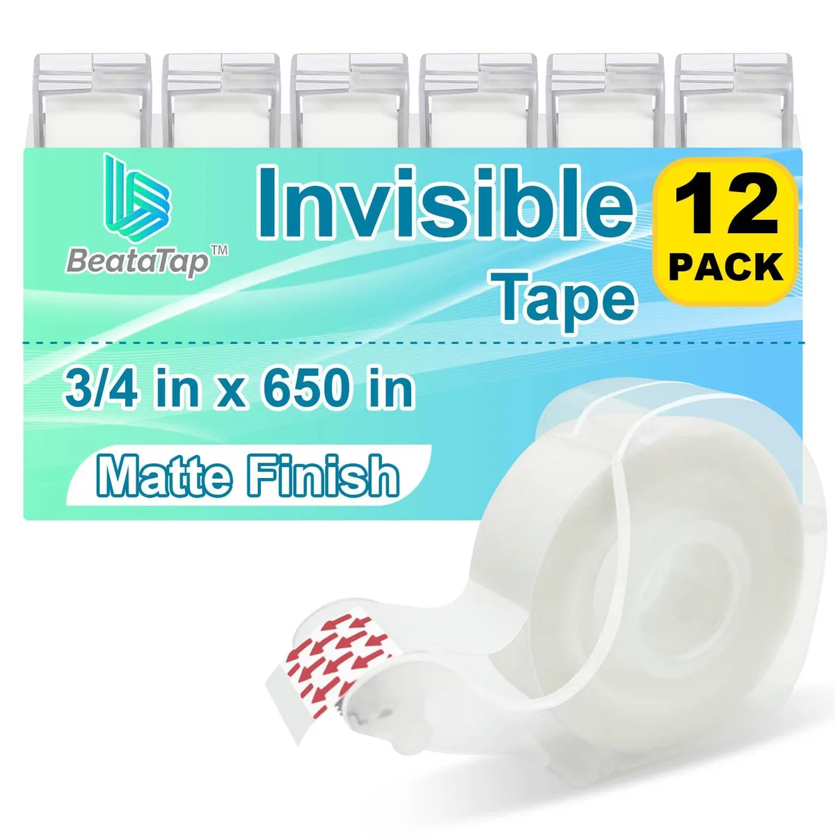 BeataTap 3/4 in x 650 in Clear Tape 12 Rolls with Dispensers — product photo