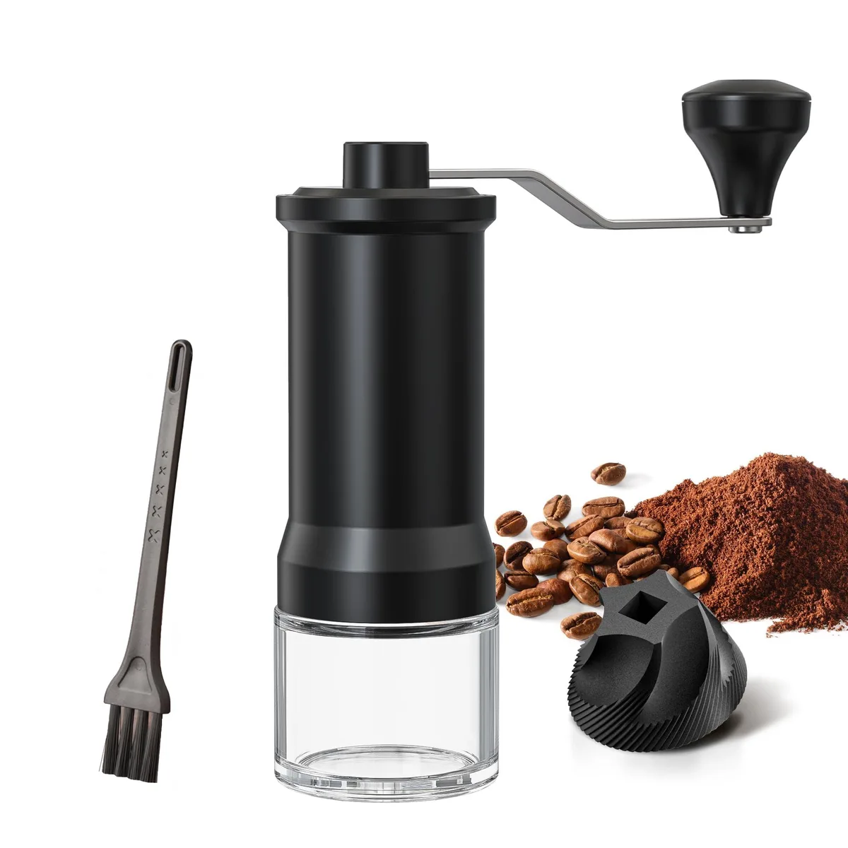 Black manual coffee grinder with glass jar and stainless steel crank, 18.2 cm tall