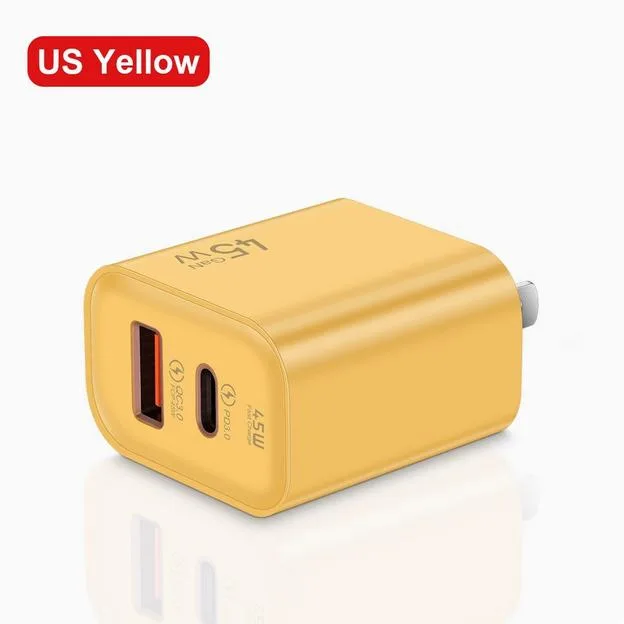 Yellow compact wall charger with USB-C and USB-A ports