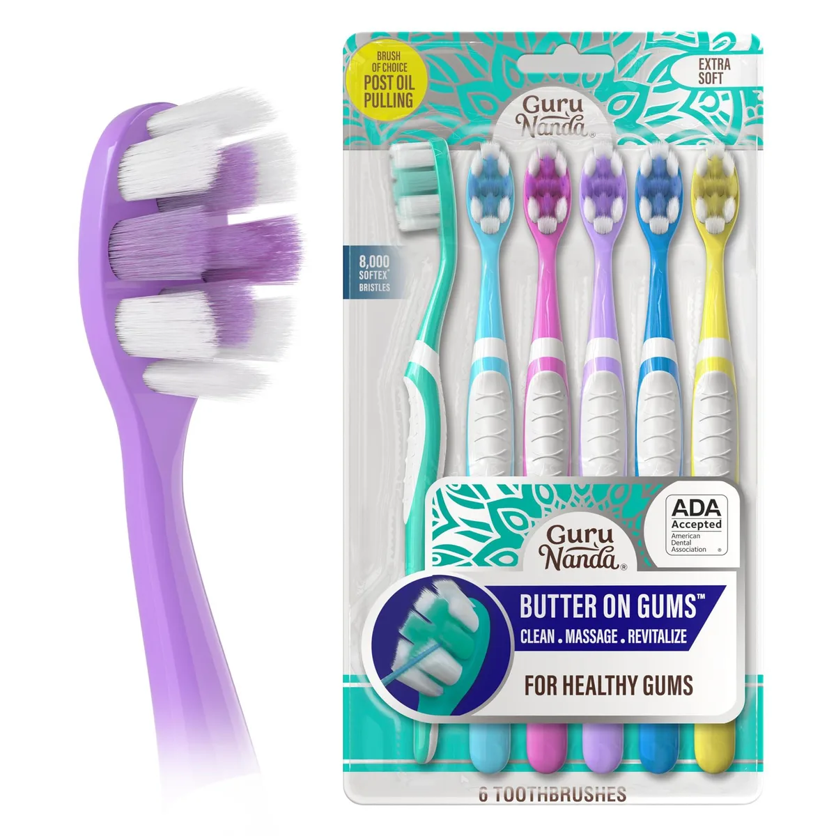 Six multicolour manual toothbrushes with ultra-soft bristles and rubberised handles