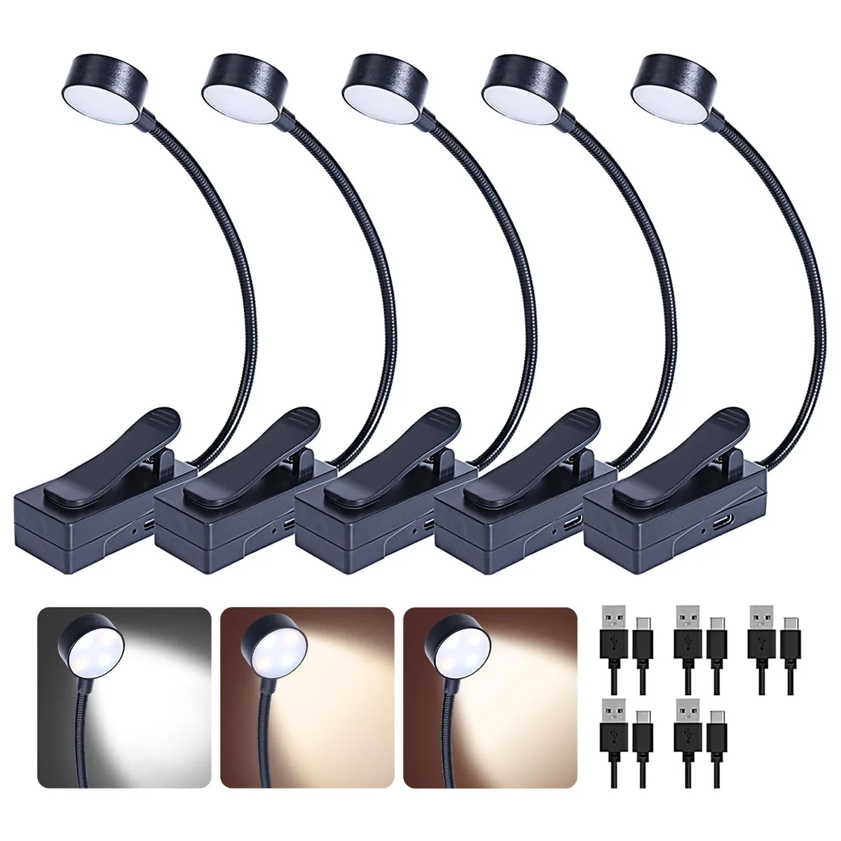 Five compact clip-on book lights with flexible necks and USB charging ports