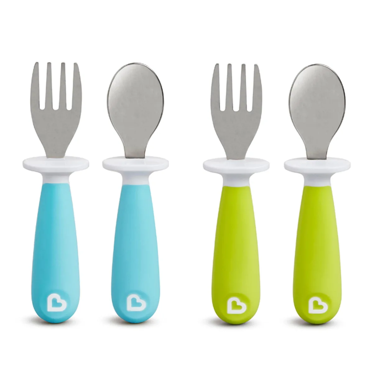 Seven black toddler forks and spoons with silicone handles and raised bases