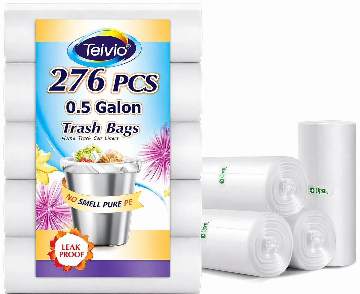 Box of 250 clear 0.5 gallon trash bags on roll