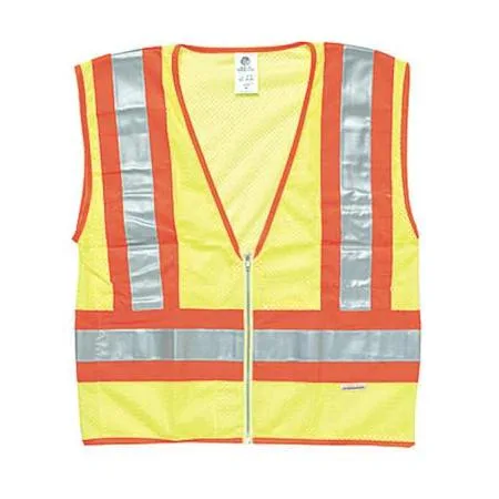 Lime polyester mesh safety vest, 24 in length, zipper front, silver reflective stripes, chest mic tab