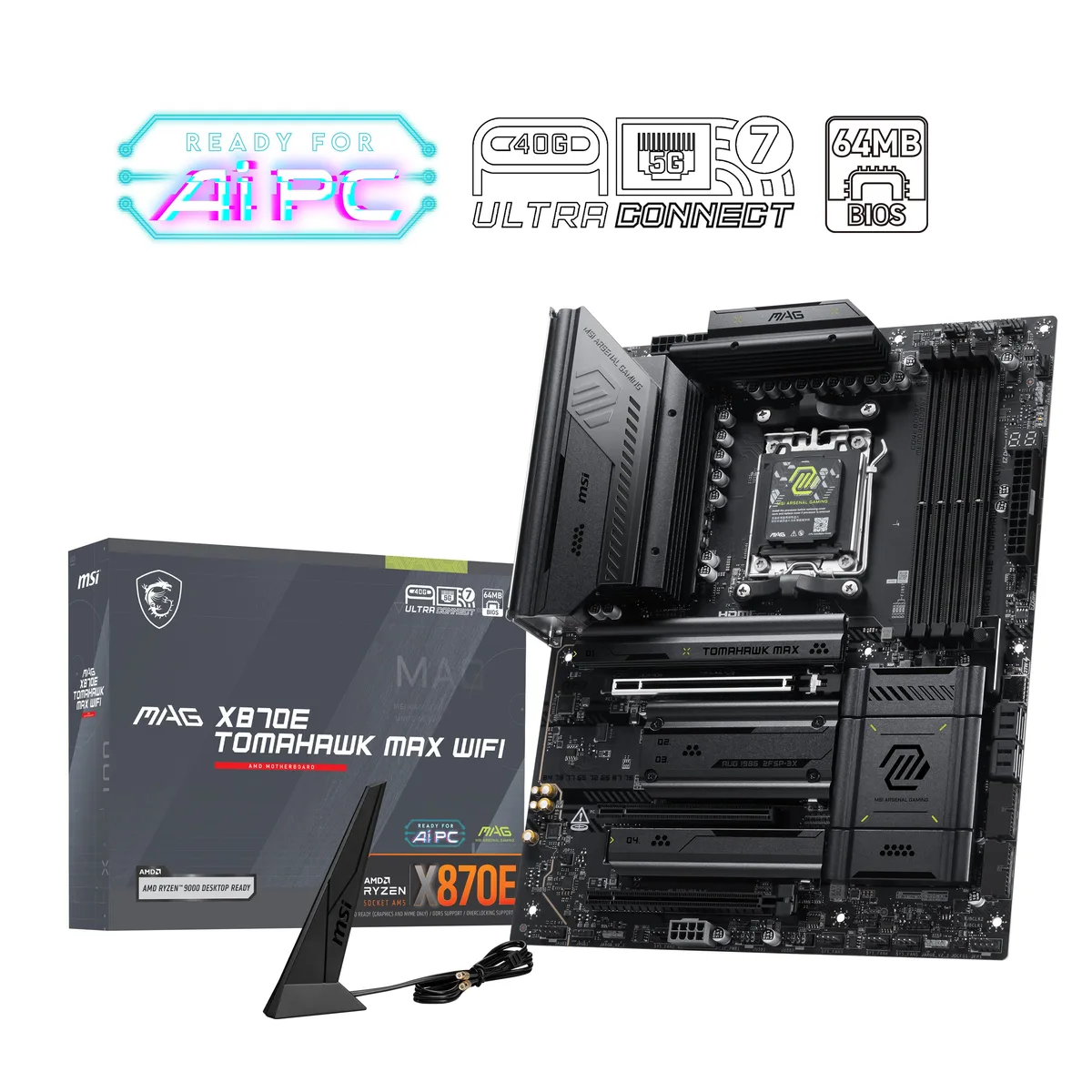 MSI MSI MAG X870E TOMAHAWK MAX WIFI AMD motherboard AM5 DDR5 8400+ Wi-Fi 802.11 be Bluetooth 5.4 — product photo