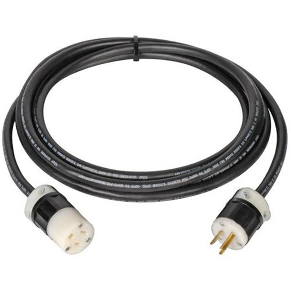 Black 50-foot heavy-duty neoprene extension cord with yellow Leviton connectors