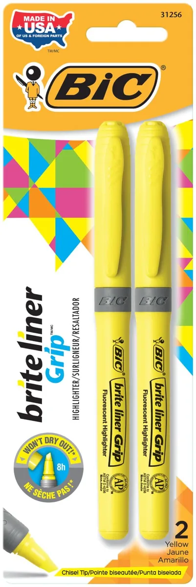 BIC Brite Liner Grip Highlighter Yellow 1.6 mm Chisel Tip 2 Pack — product photo